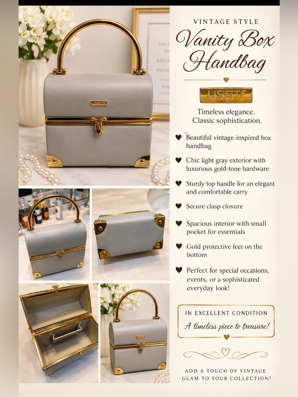 LISETTE Cream Mini Vanity Box Handbag with Gold Hardware